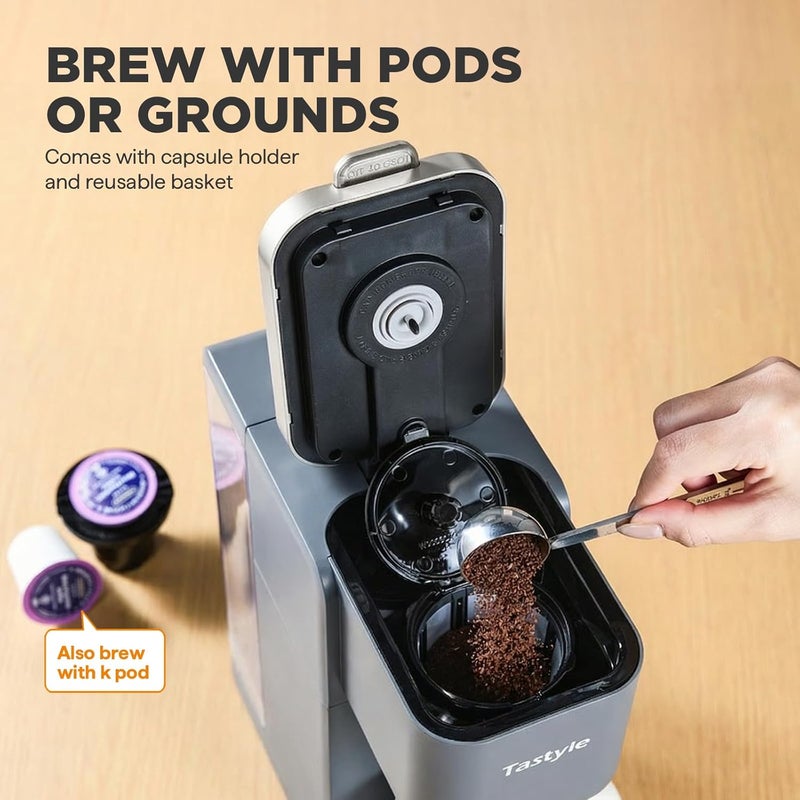 Tastyle Single Serve Coffee Maker, Iced and Hot Coffee Machine for K Cup & Grounds, Compact Design, 40oz Removable Water Reservoir, 6 to 24 Oz Brew Sizes, Fits 7.3" Travel Mug, Gray - Image 4